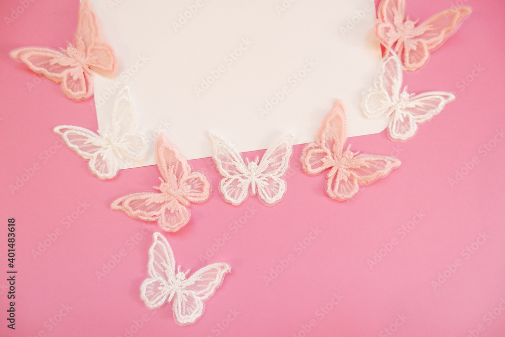 Spring greeting concept. A blank card decoration with butterflies on pink background. for invitations, banners, greeting cards. 春イメージ、春の手紙、パステルカラーの春 Spring greeting concept. A blank card decoration with butterflies on pink background. for invitations, banners, greeting cards. 春イメージ、春の手紙、パステルカラーの春