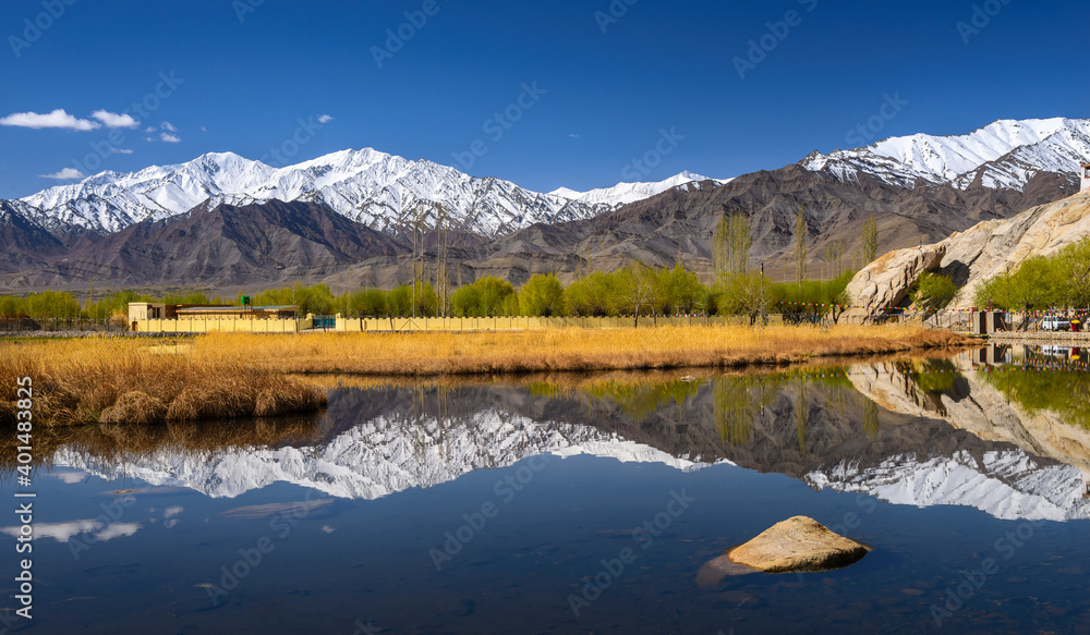 lake reflection of snow mountain view
