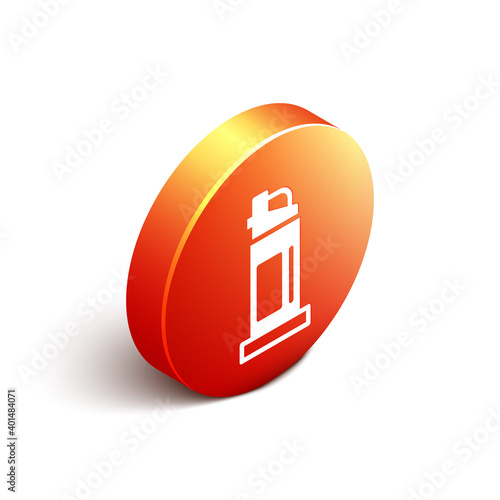 Isometric Pepper spray icon isolated on white background. OC gas. Capsicum self defense aerosol. Orange circle button. Vector.