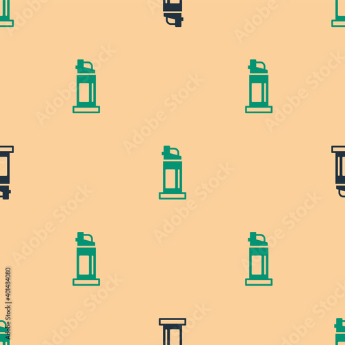 Green and black Pepper spray icon isolated seamless pattern on beige background. OC gas. Capsicum self defense aerosol. Vector.