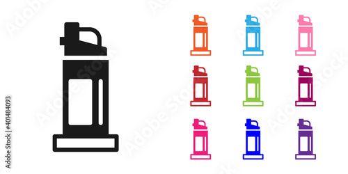 Black Pepper spray icon isolated on white background. OC gas. Capsicum self defense aerosol. Set icons colorful. Vector.
