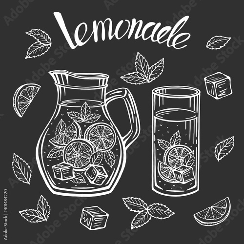 Glass jug with lemonade, sketch of homemade lemonade, summer illustration. Hand drawn lemon, lemon slice, straw. The inscription on the lemonade
