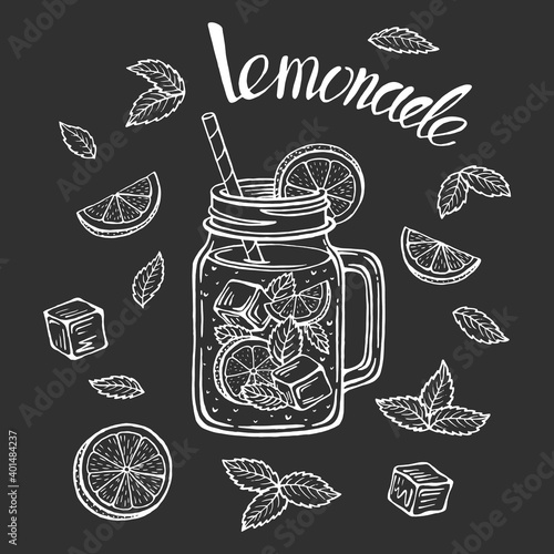 Lemonade mug with ice and a slice of lemon and a straw and mint leaves, lemonade sketch in a glass. Hand drawing of a lemonade Cup, homemade lemonade lettering, isolated vector illustrations