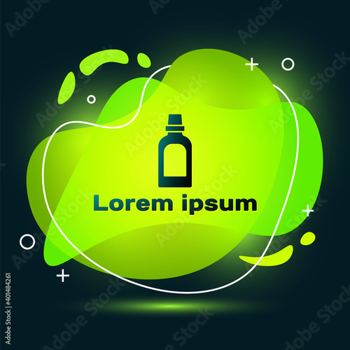 Black Plastic bottle for laundry detergent, bleach, dishwashing liquid or another cleaning agent icon isolated on black background. Abstract banner with liquid shapes. Vector.
