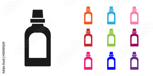 Black Plastic bottle for laundry detergent, bleach, dishwashing liquid or another cleaning agent icon isolated on white background. Set icons colorful. Vector.