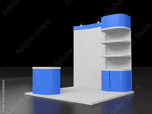 Blue 3d rendered stand or booth in a tradeshow, Virtual exhibition mockup