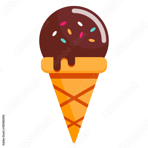 Melting chocolate ice cream ball in the waffle cone. Isolated vector illustration, flat outline icon. Comic character in cartoon style for t shirt design or sticker