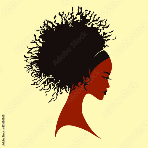 Hair salon and beauty studio logo.Beautiful African woman with big Afro hairstyle and elegant makeup.Young lady.Hairdresser and cosmetics logo.Luxury,glamour portrait.Female head.Profile view.