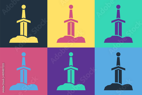 Pop art Sword in the stone icon isolated on color background. Excalibur the sword in the stone from the Arthurian legends. Vector.