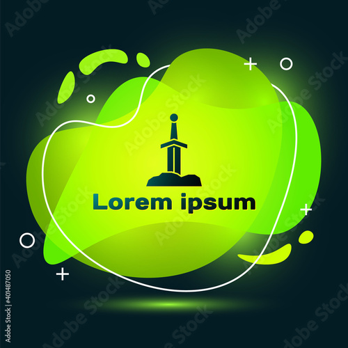 Black Sword in the stone icon isolated on black background. Excalibur the sword in the stone from the Arthurian legends. Abstract banner with liquid shapes. Vector.
