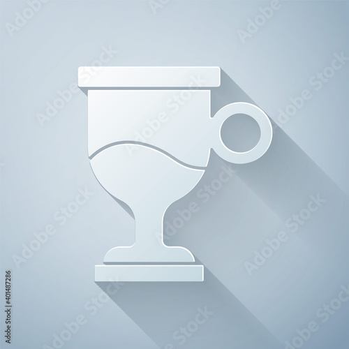 Paper cut Mulled wine with glass of drink and ingredients icon isolated on grey background. Cinnamon stick, clove, lemon slice. Paper art style. Vector.