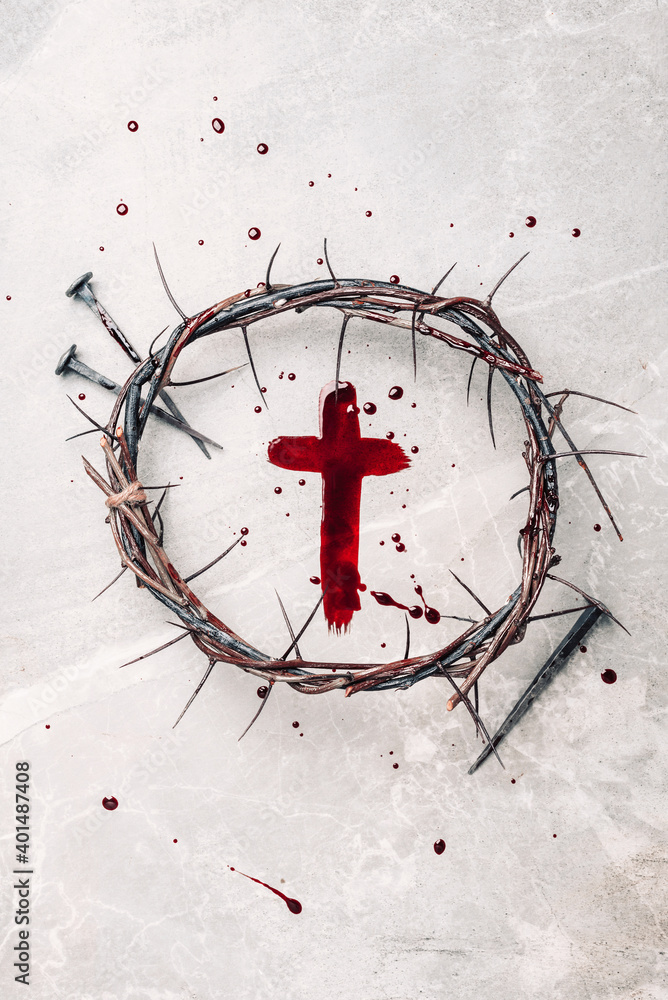 Crucifix made of blood, crown of thorns. Good friday. Easter holiday.  Christian cross painted with blood on stone background. Passion,  crucifixion of Jesus Christ. Gospel, salvation concept Stock Photo | Adobe  Stock