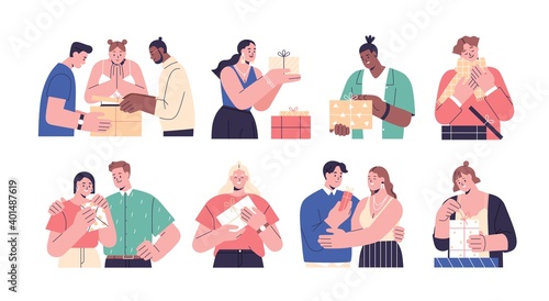 Collection of happy people opening gift boxes vector flat illustration. Scenes with man, woman and couples giving and holding wrapped holiday presents, unpacking festive giftboxes isolated on white