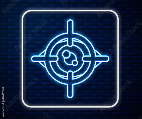 Glowing neon line Eye scan icon isolated on brick wall background. Scanning eye. Security check symbol. Cyber eye sign. Vector.