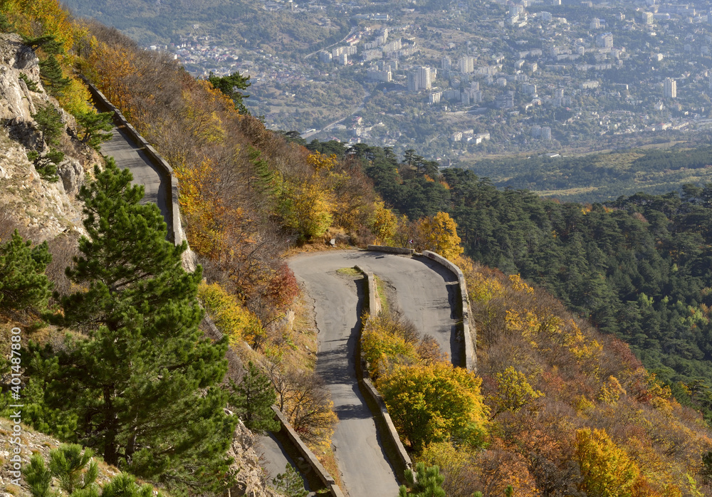 Mountain serpentine old road to the mountain AI-Petri autumn in the mountains of Crimea