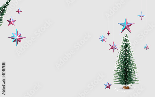 Spruce tree with hanging metallic stars.