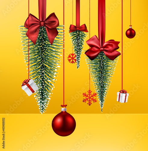 Upside down Christmas tree, gifts, baubles, snowflakes.