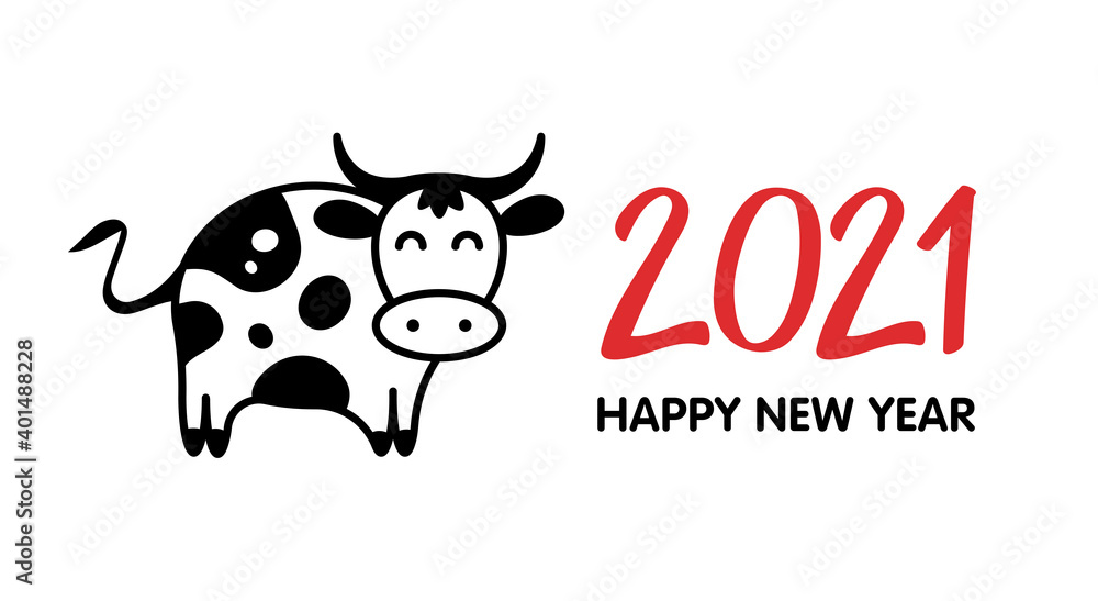 Obraz premium Funny sketch silhouette bull. Happy new year and bull, ox, cow. Template poster, card, invitation for party with year 2021 Lunar horoscope sign. 