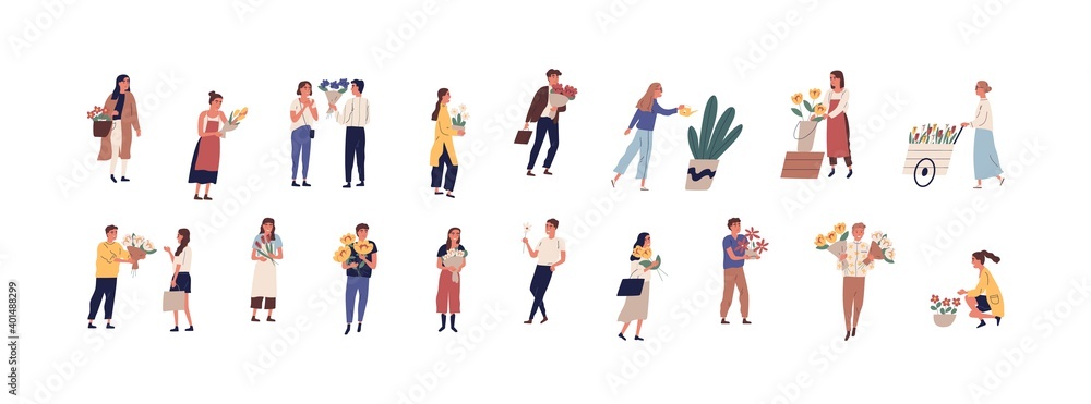 Collection of different people walking on the street with flowers and potted plants vector flat illustration. Set of man and woman holding romantic bouquet, florists caring of plants outdoors