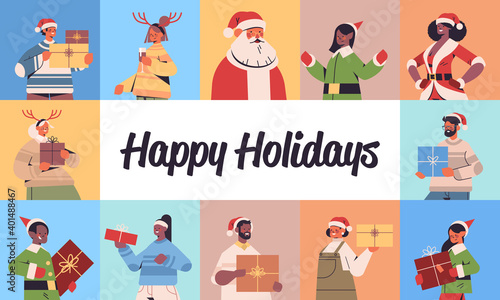 set mix race people celebrating happy new year merry christmas winter holidays celebration concept greeting card horizontal portrait vector illustration
