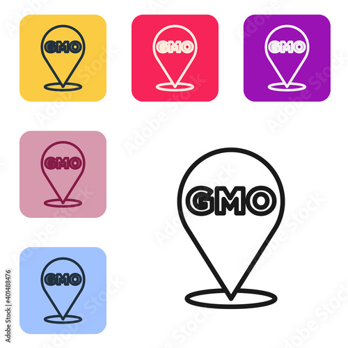 Black line GMO icon isolated on white background. Genetically modified organism acronym. Dna food modification. Set icons in color square buttons. Vector.