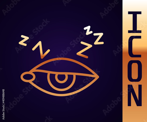 Gold line Insomnia icon isolated on black background. Sleep disorder with capillaries and pupils. Fatigue and stress. Vector.