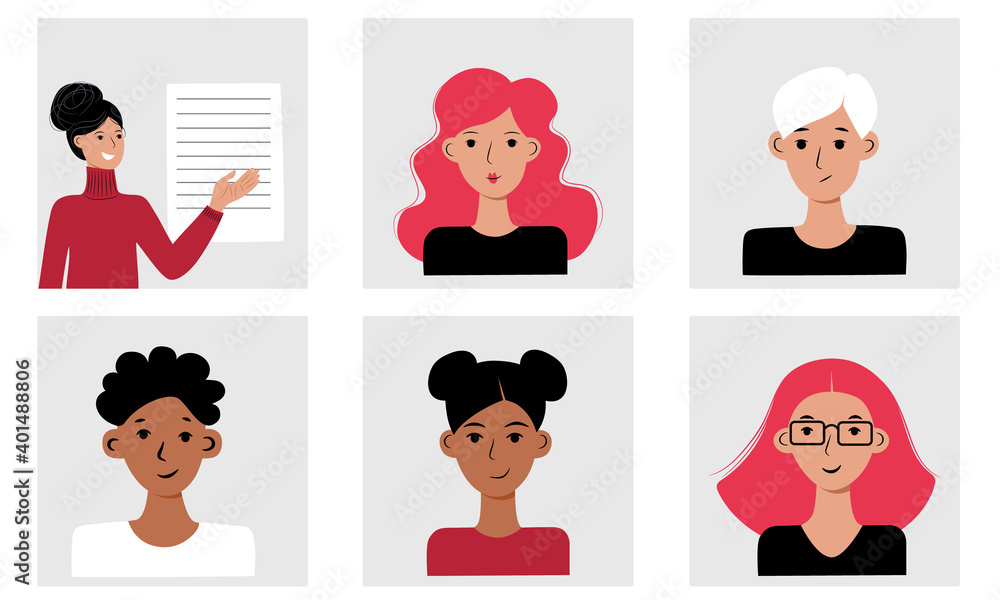 Teacher and students avatar set. Men and women character different races. Cheerful smiling people. Human face portrait social media user icon. Square design. Stock vector flat cartoon illustration. Teacher and students avatar set. Men and women character different races. Cheerful smiling people. Human face portrait social media user icon. Square design. Stock vector flat cartoon illustration.