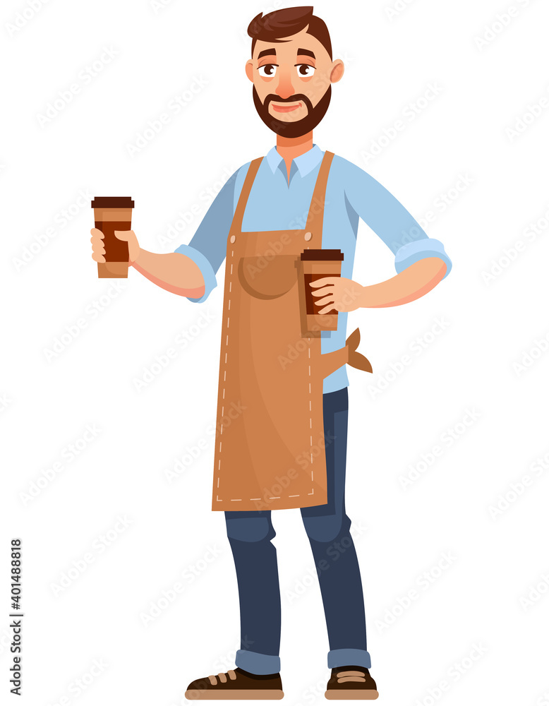 Barista holding paper coffee cups. Male person in cartoon style.