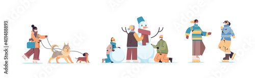 set mix race people in masks walking outdoor men women having winter fun outdoors activities coronavirus quarantine concept full length horizontal vector illustration