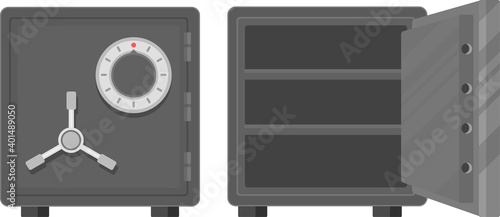 Closed bank safe and empty deposit safe with open door. Flat vector