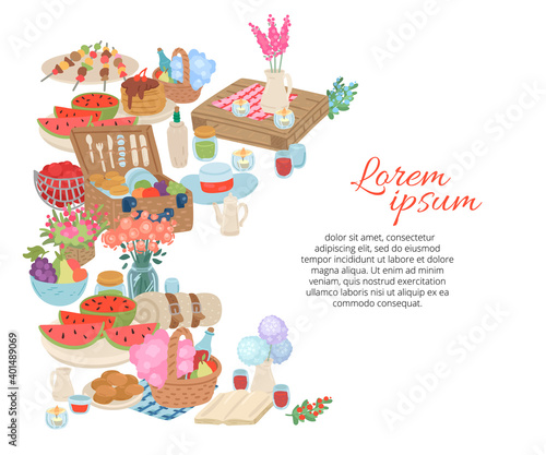 Picnic food and drink collection. Invitation card for celebration. Vector cartoon illustration