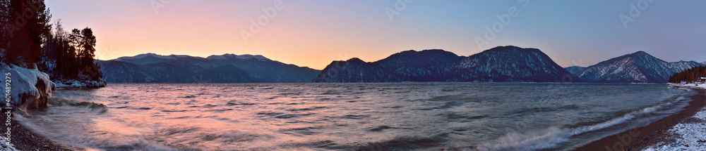 Panorama of Teletskoye lake in the morning