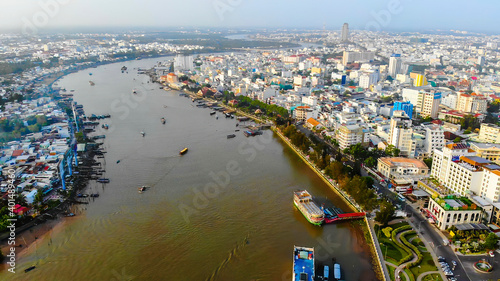 Canvastavla Top view aerial view love bridge or Ninh Kieu quay of downtown in Can Tho City,