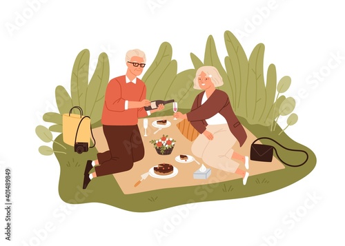 Happy elderly couple drinking wine and celebrating anniversary on picnic blanket. Aged man and woman outdoors on date. Senior lovers spending leisure time together. Flat vector illustration