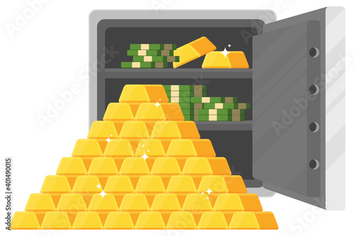 Bank safe gold bar, ingnots and money. Flat vector cartoon illustration