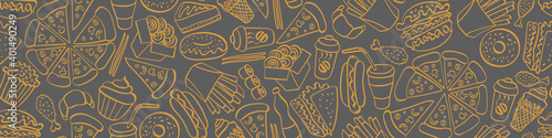 Street food doodle seamless horizontal border. Hand drawn icons on white background. Vector illustration.