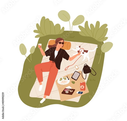 Top view of happy young woman resting outdoors and lying on picnic blanket and petting her cat. Relaxing alone and spending time in nature at summer. Flat vector illustration