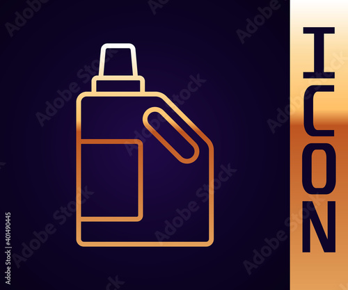 Gold line Plastic bottle for laundry detergent, bleach, dishwashing liquid or another cleaning agent icon isolated on black background. Vector.