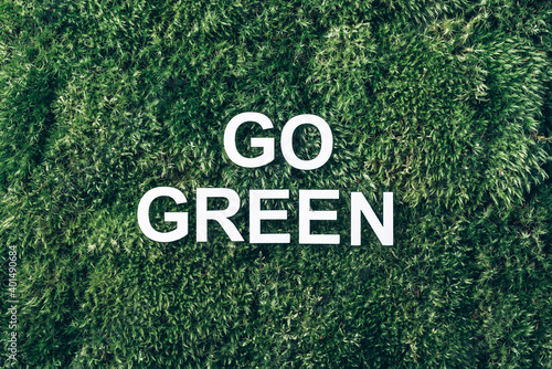 Inscription Go green on moss, green grass background. Top view. Copy space. Banner. Biophilia concept. Nature backdrop