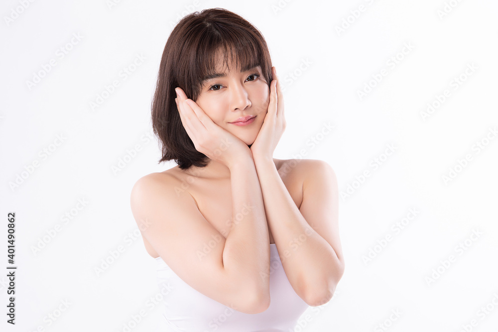 Beautiful Young asian Woman with Clean Fresh Skin, on Pink background, Face care, Facial treatment. Cosmetology, beauty and spa. Asian women portrait Beautiful Young asian Woman with Clean Fresh Skin, on Pink background, Face care, Facial treatment. Cosmetology, beauty and spa. Asian women portrait