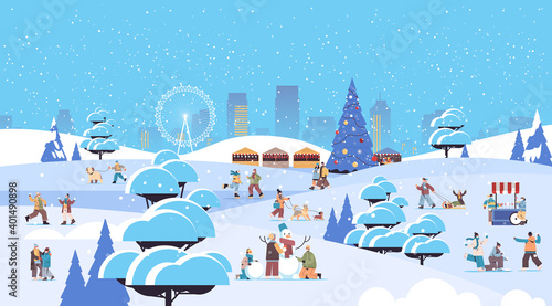 mix race people in masks having winter fun men women spending time in park outdoors activities coronavirus quarantine concept cityscape background full length horizontal vector illustration