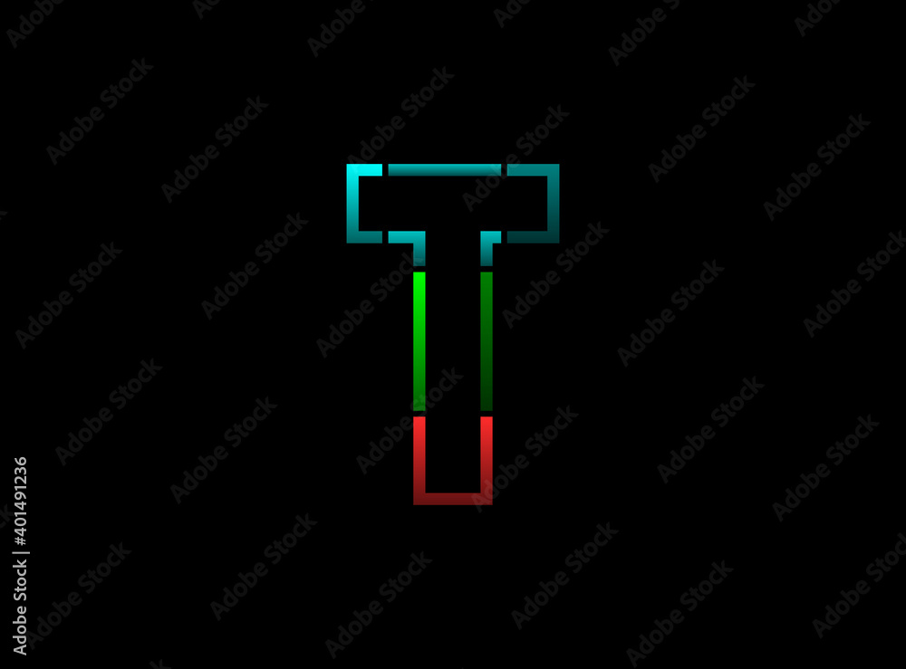 T letter vector outline stroke desing, font logo. Red, green, blue color on black background. For social media,design elements, creative poster, web template and more T letter vector outline stroke desing, font logo. Red, green, blue color on black background. For social media,design elements, creative poster, web template and more