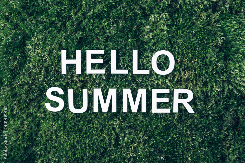 Inscription Hello summer on moss, green grass background. Top view. Copy space. Banner. Biophilia concept. Nature backdrop