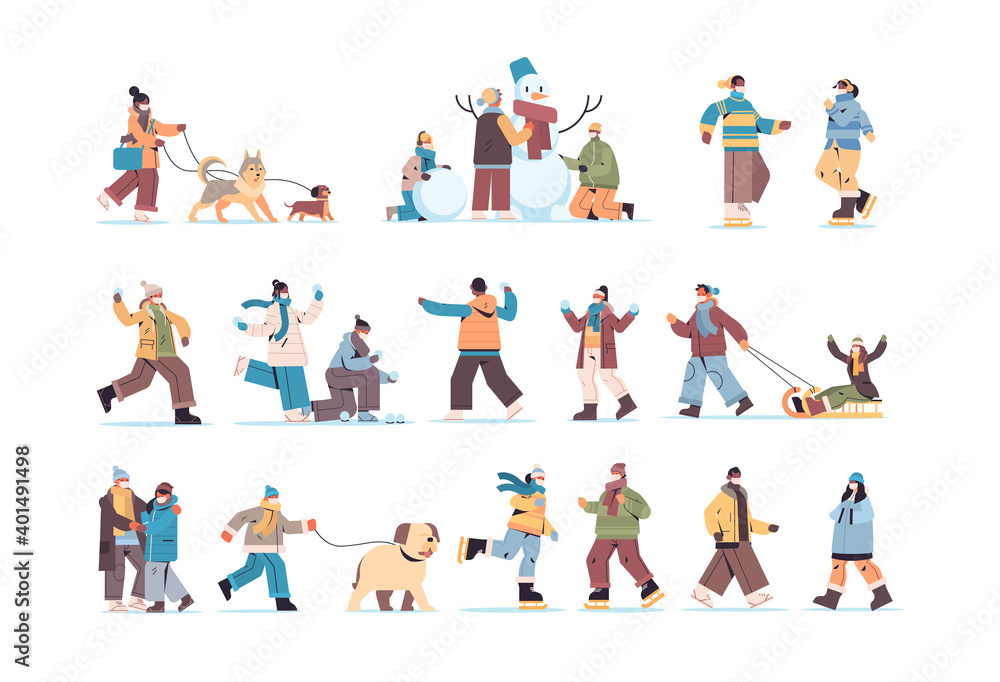 set mix race people in masks walking outdoor men women having winter fun outdoors activities coronavirus quarantine concept full length horizontal vector illustration