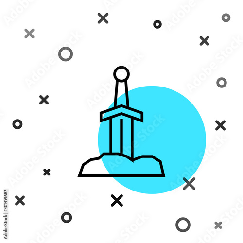 Black line Sword in the stone icon isolated on white background. Excalibur the sword in the stone from the Arthurian legends. Random dynamic shapes. Vector.