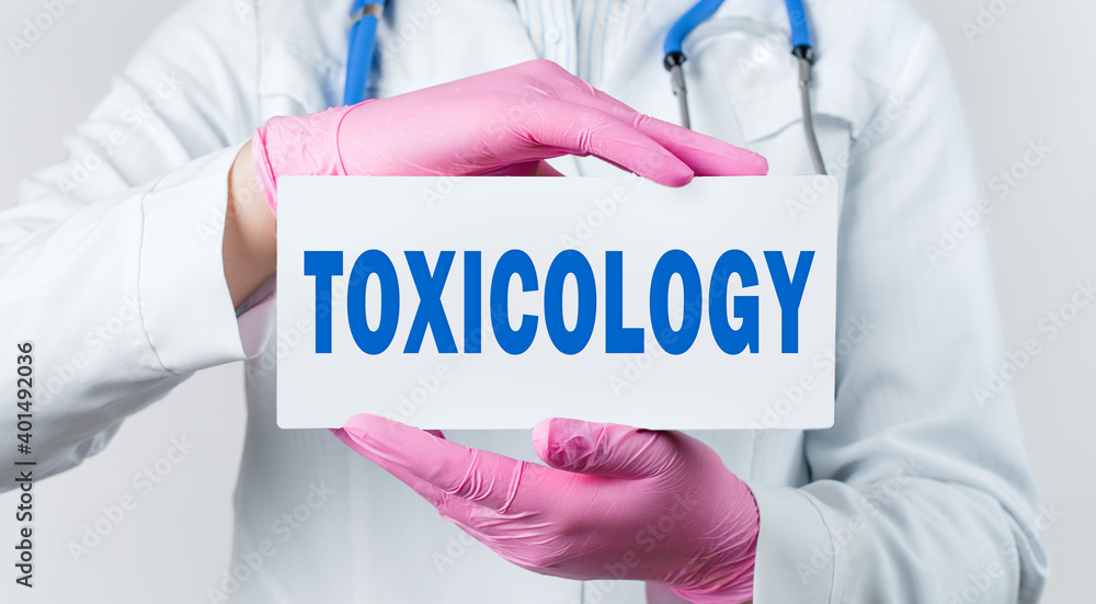 Cropped view of female doctor in a white coat and pink sterile gloves holding a card with word Toxicology Cropped view of female doctor in a white coat and pink sterile gloves holding a card with word Toxicology