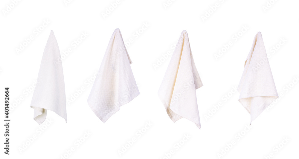 Set of four hanging white kitchen towels isolated on white background Set of four hanging white kitchen towels isolated on white background