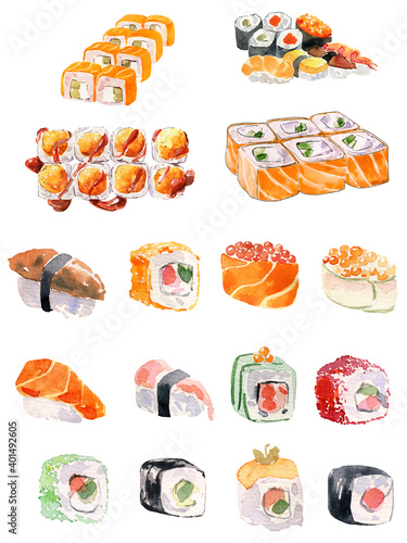 Watercolor illustration set of delicious fresh rolls and sushi