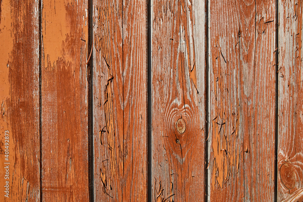 Grunge wooden background with texture, old rough boards with orange-brown peeling and cracked old paint Grunge wooden background with texture, old rough boards with orange-brown peeling and cracked old paint
