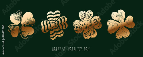 Golden clover set. Patrick's day. Hand drawn illustration.